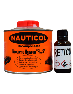 Pegamento para embarcaciones zodiac semirrígidas de neopreno, y un bote de reticulante.